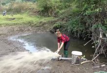 【108款】国外农村水潭水池坑抽水摸鱼泥潭捉鱼趣味视频素材